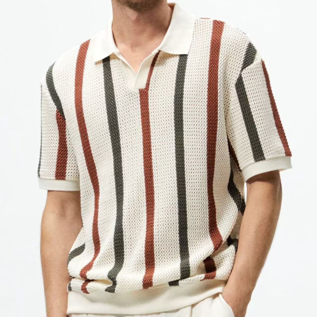 Chemises tricotées kaki ajourées pour hommes et femmes, Polo rayé contrasté, t-shirt d'affaires ample à manches courtes, été 2025
