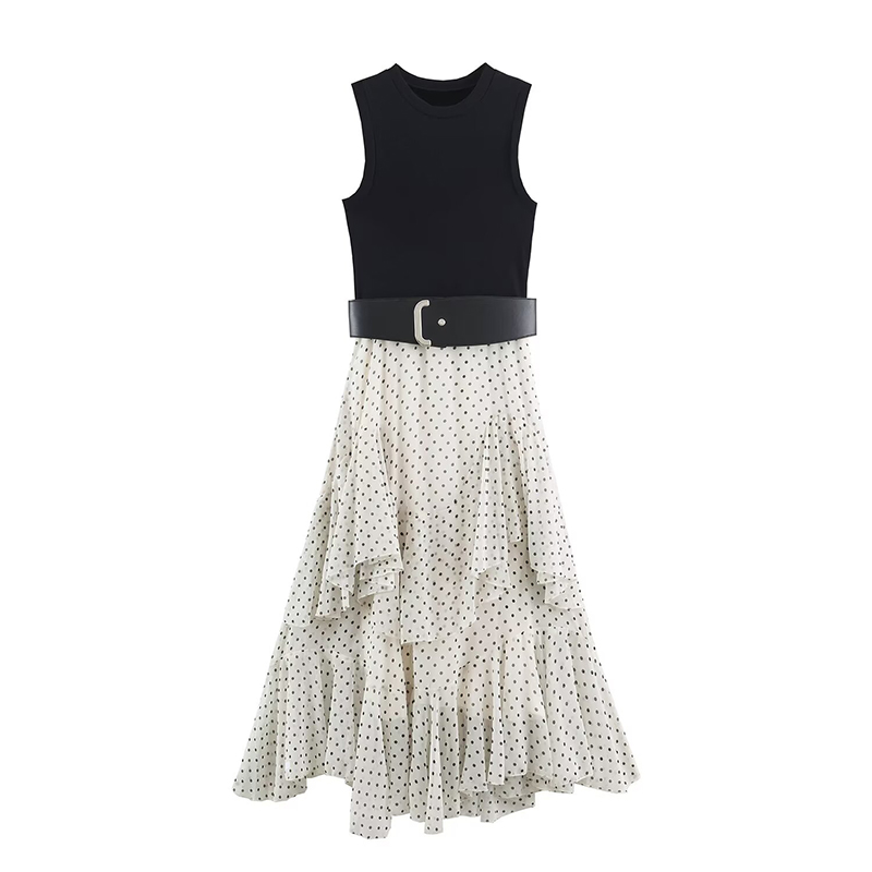 YENKYE Robe élégante pour femmes, patchwork, à pois, à volants, avec ceinture, col rond, sans manches, longueur midi