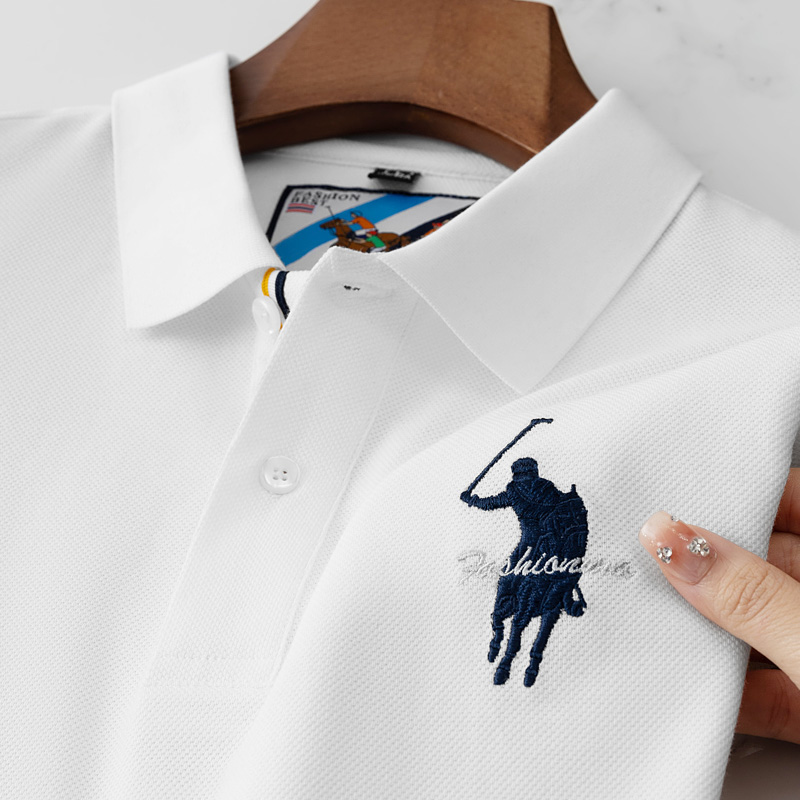 Polo brodé de luxe pour hommes, été, fin, respirant, 100% coton, noir, bleu marine, revers, manches courtes, hauts, vêtements de marque
