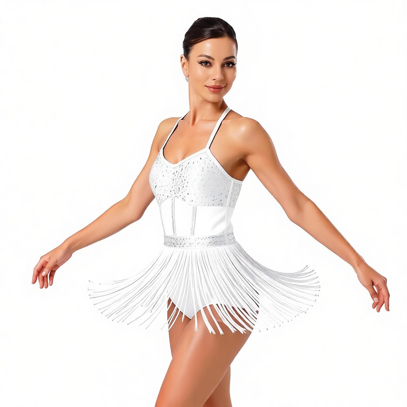 Justaucorps de danse latine pour femme avec franges, maille transparente et strass, une pièce, pour performance de patinage, Cha-cha, Samba, Tango