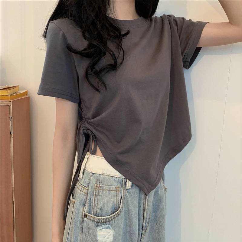 Fente pansement col en V Sexy haut court femmes coréen décontracté été nouveau T-shirt à manches courtes Y2K Streetwear haut tendance pour les femmes