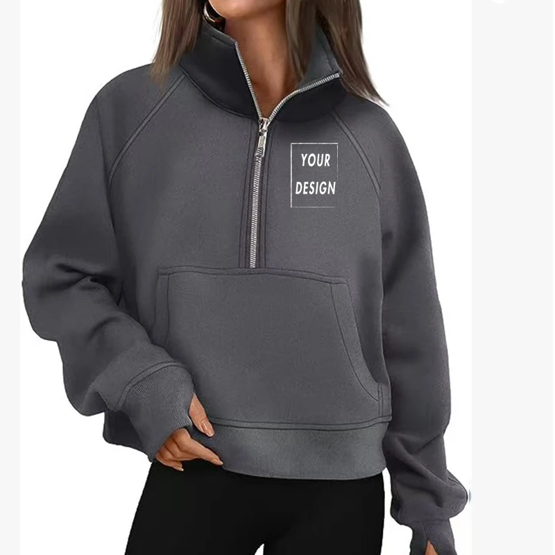 Sweat à capuche avec nom personnalisé pour femme : sweat à capuche, col haut, couleur unie, manches longues, coupe ample, design demi-fermeture éclair, avec casquette, haut