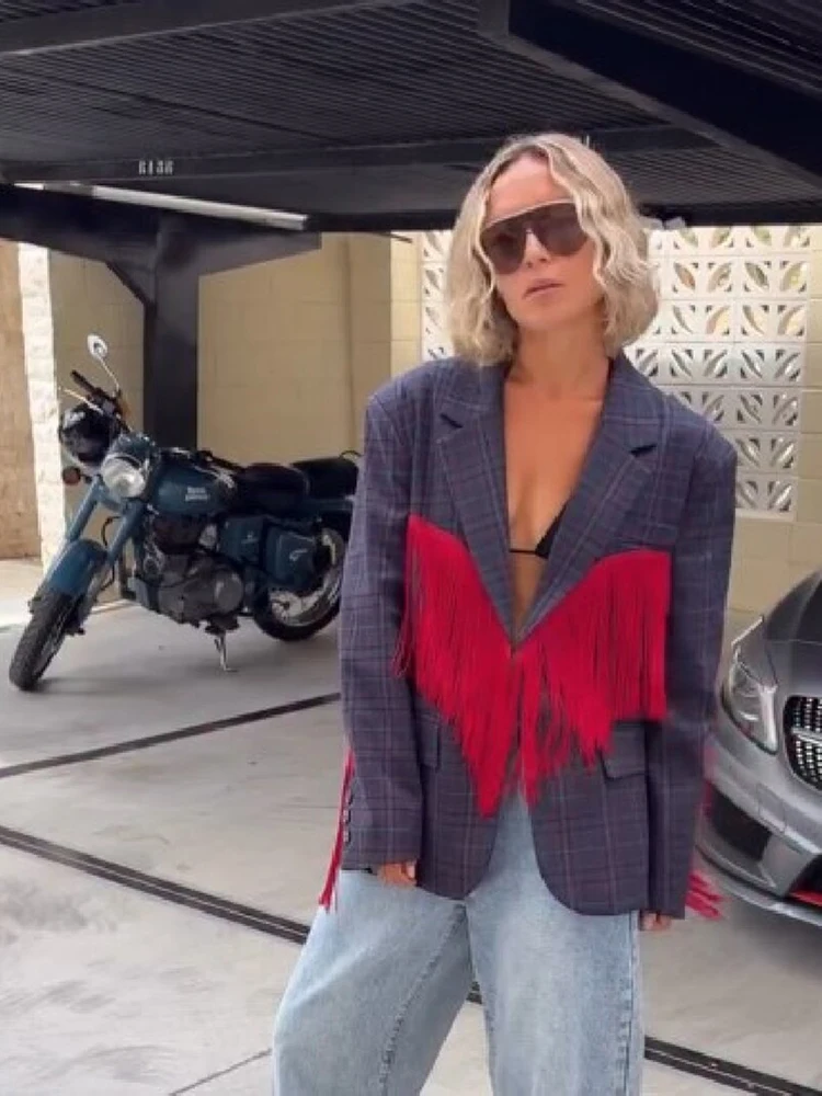 Blazer vintage à carreaux pour femme, tendance, avec empiècements contrastants rouges et franges, revers, manches longues, coupe oversize, chic, décontracté, streetwear