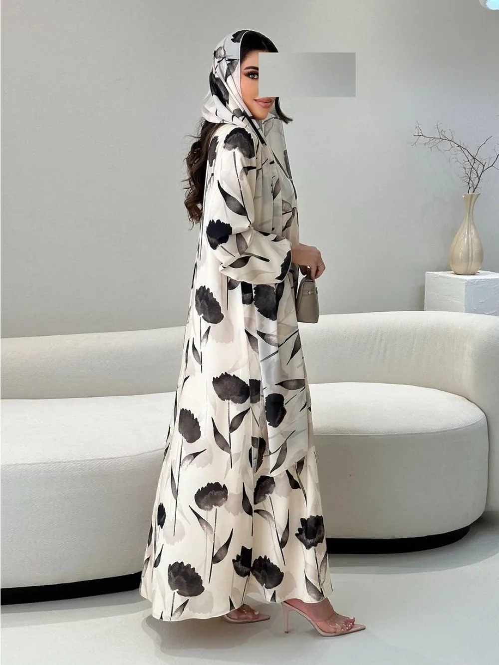 Abaya musulmane en mousseline de soie pour femmes, robe imprimée avec écharpe, cardigan arabe de Dubaï, robes de soirée, robe longue éducative, Eid Jalabiya