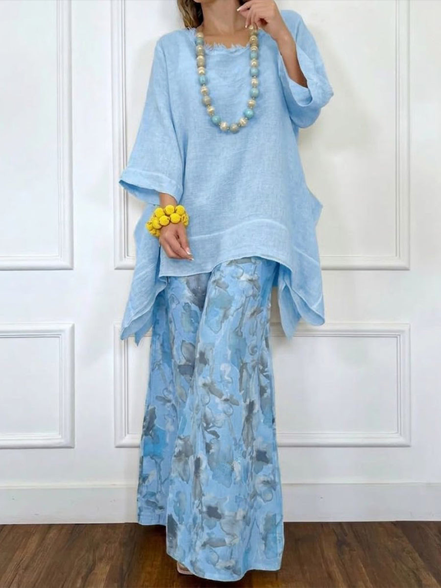 Ensemble 2 pièces pour femmes, haut en coton et lin à ourlet irrégulier, pantalon large, style décontracté rétro élégant, pantalon simple pour l'été