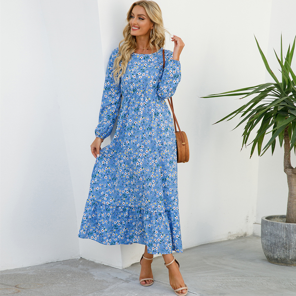 Robe longue en mousseline de soie pour femmes, style bohème décontracté, manches longues, taille haute, pour la plage, motif floral, automne