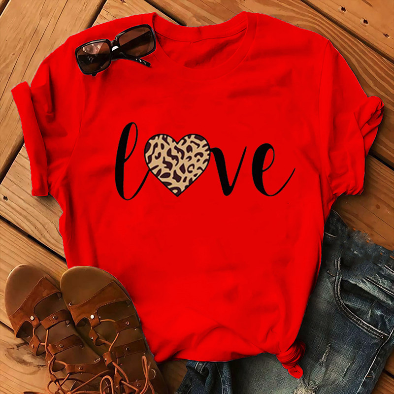 Léopard amour imprimé femmes t-shirt à manches courtes col rond lâche femmes t-shirt dames mode t-shirt hauts vêtements Camisetas Mujer