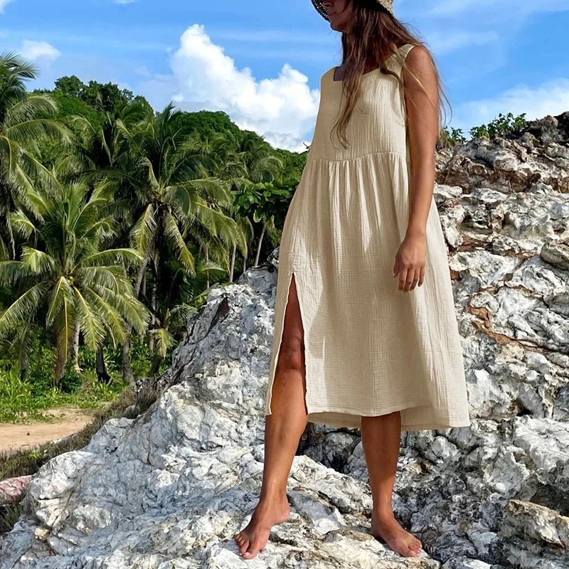 Mousseline 100% coton gaze Boho Robe femmes casual col en U sans manches solide été ample plage vacances Robe d'été dame Robe robes