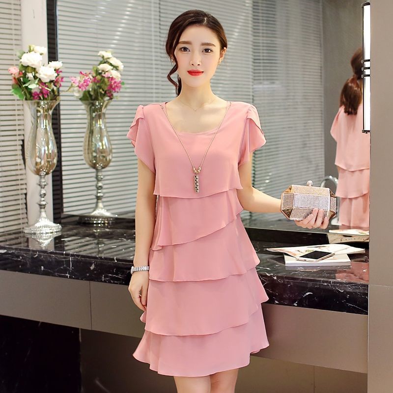 Robe d'été 2026 pour femme, coupe ondulée, volants, unie, manches courtes, ajustée, décontractée, polyvalente, col rond, en mousseline