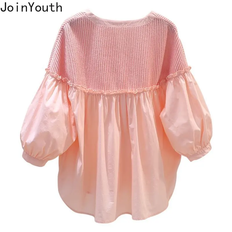 Chemisiers en coton femmes Patchwork rose chemise ample été doux volants Blouse col rond lanterne manches hauts 2025 Blusas Mujer De Moda