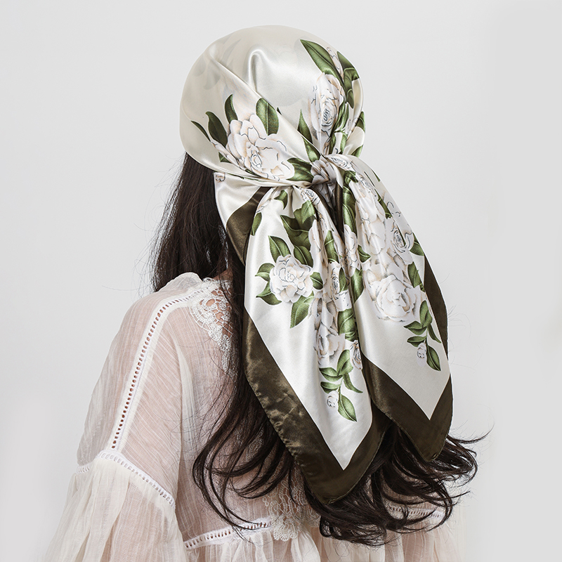Foulard carré en Satin de soie pour femmes, imprimé floral, châle, mode, bandeau pour dames, bandes de cheveux, enveloppes, Hijab, Bandana, 90cm