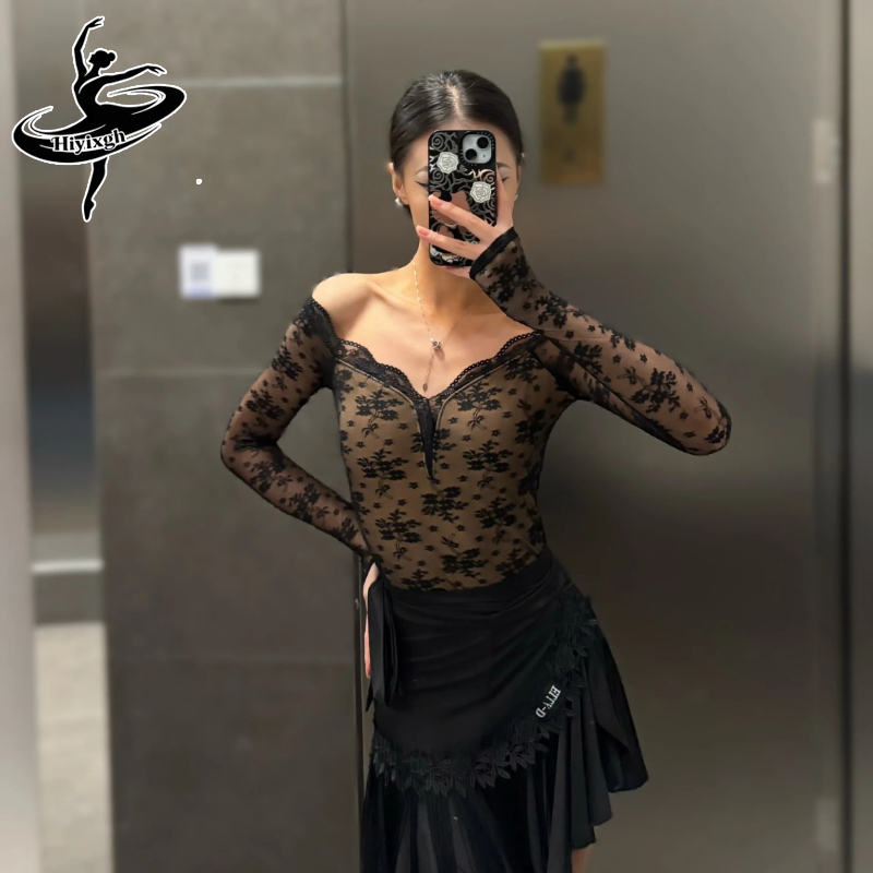 Robe de danse latine pour femmes, vêtements de danse latine, blanc, noir, dentelle, manches longues, hauts, jupe à franges, ensemble de compétition, Rumba Cha Cha, vêtements de danse