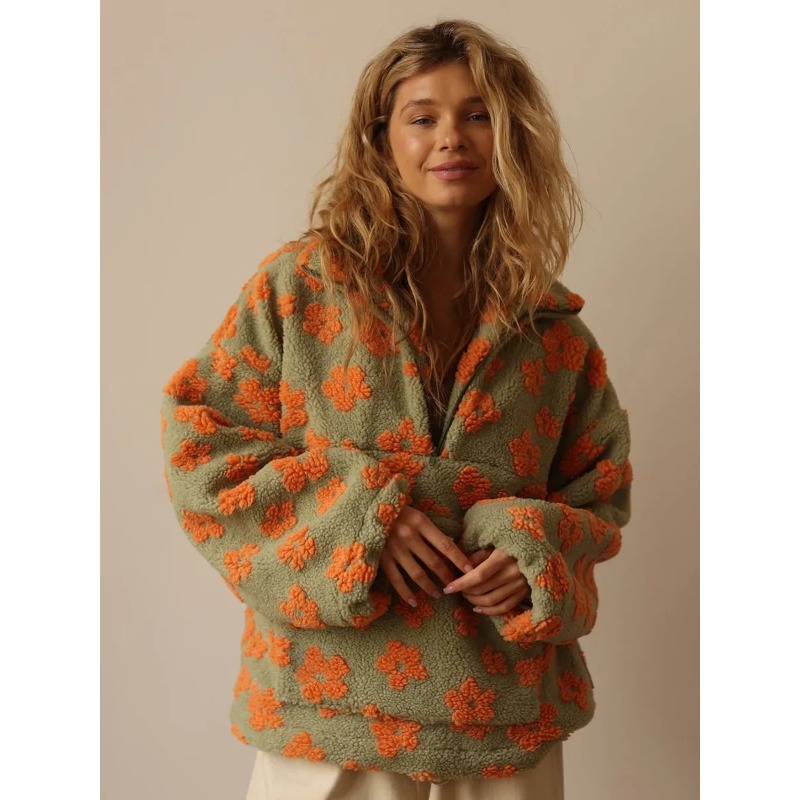 Pull en polaire à fleurs tendance pour femmes 2026, pull en coton, ample, chaud, col montant en fourrure, fermeture éclair