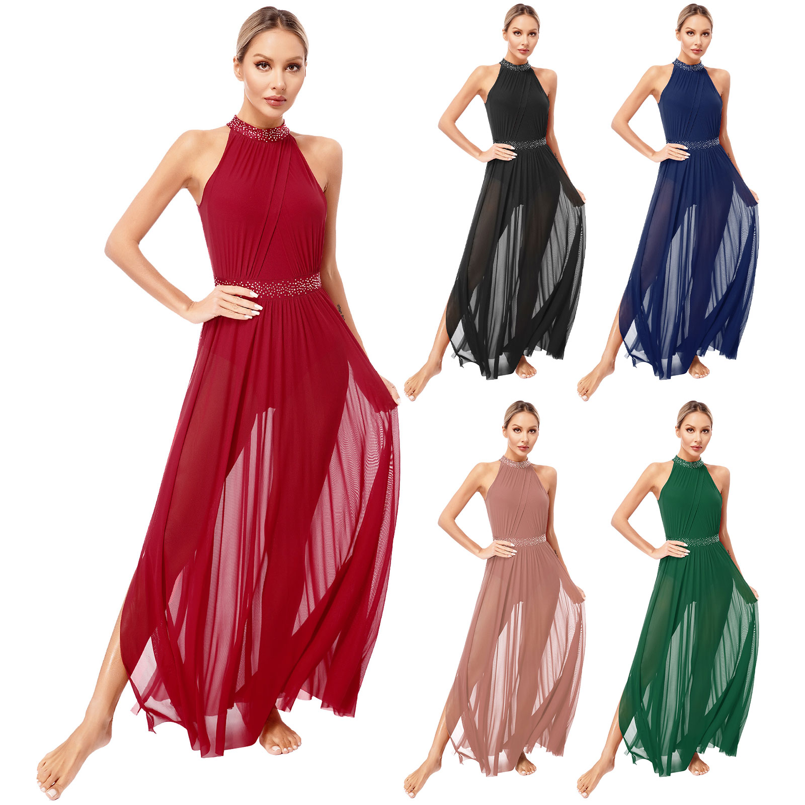 Justaucorps licou en biscuits brillants pour femmes, costume de scène lyrique, robe en tulle transparent, robe maxi fluide, vêtements de danse de salon, fendu