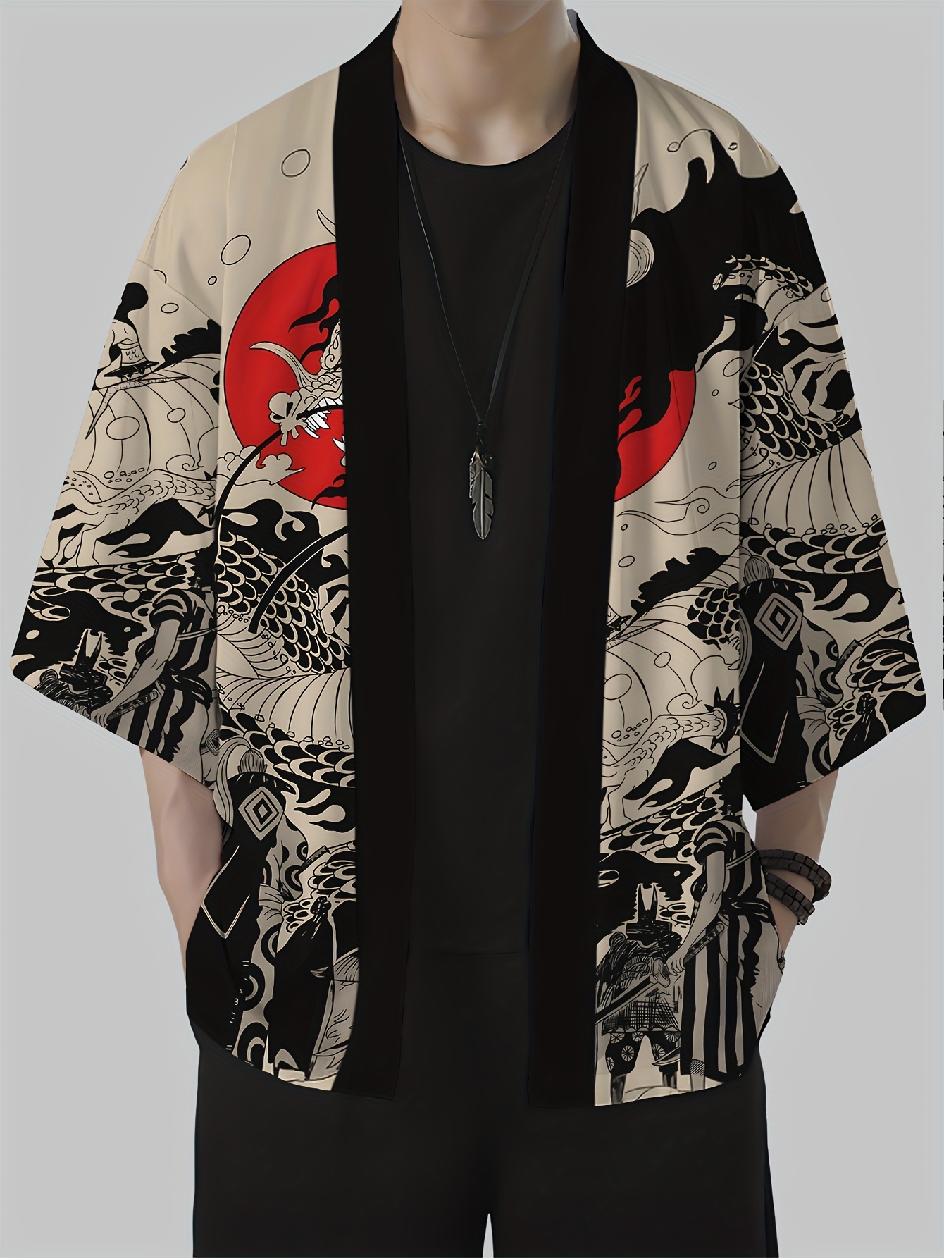 Kimono ample vintage pour homme à imprimé dragon, style décontracté pour l'été et la plage, ouvert sur le devant, en polyester léger, style streetwear
