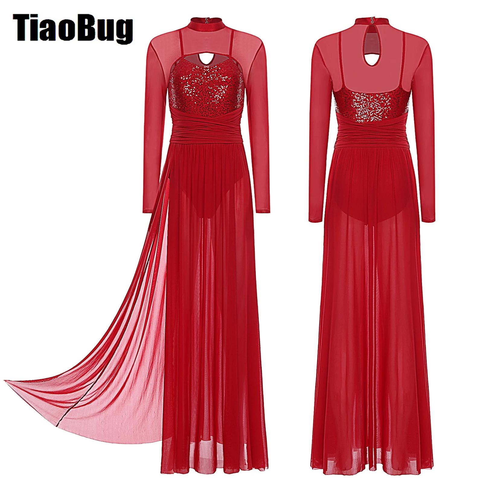 Robe de danse lyrique moderne pour femmes, paillettes, manches longues, maille, Tulle, Maxi, longue, Ballet, gymnastique, Costume de danse contemporaine