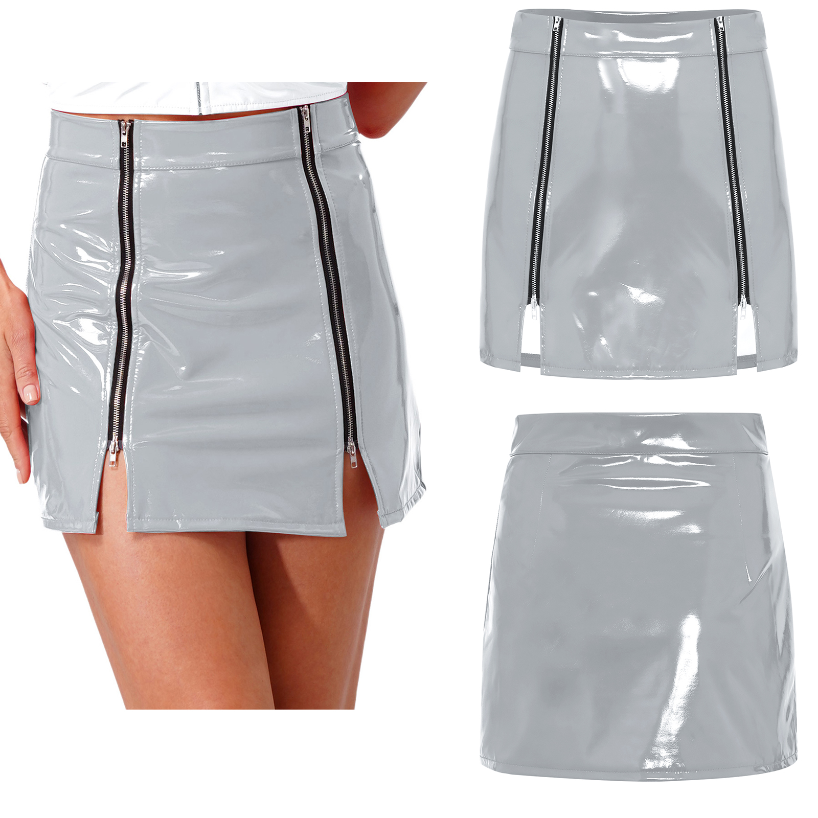 Jupe mini trapèze taille haute pour femme en similicuir effet mouillé avec fente, style moulant, pour l'été, les soirées, les raves et les tenues quotidiennes