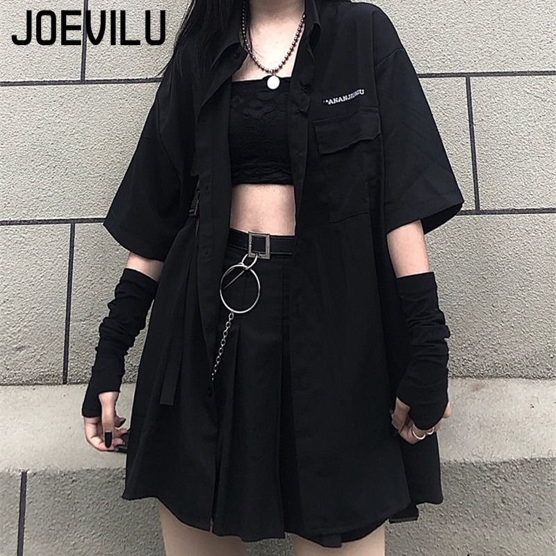 Ensemble jupe gothique pour femmes, chemise ample, Mini jupes plissées, ensemble 2 pièces, tenues décontractées rétro coréennes, costume esthétique Y2k, printemps été