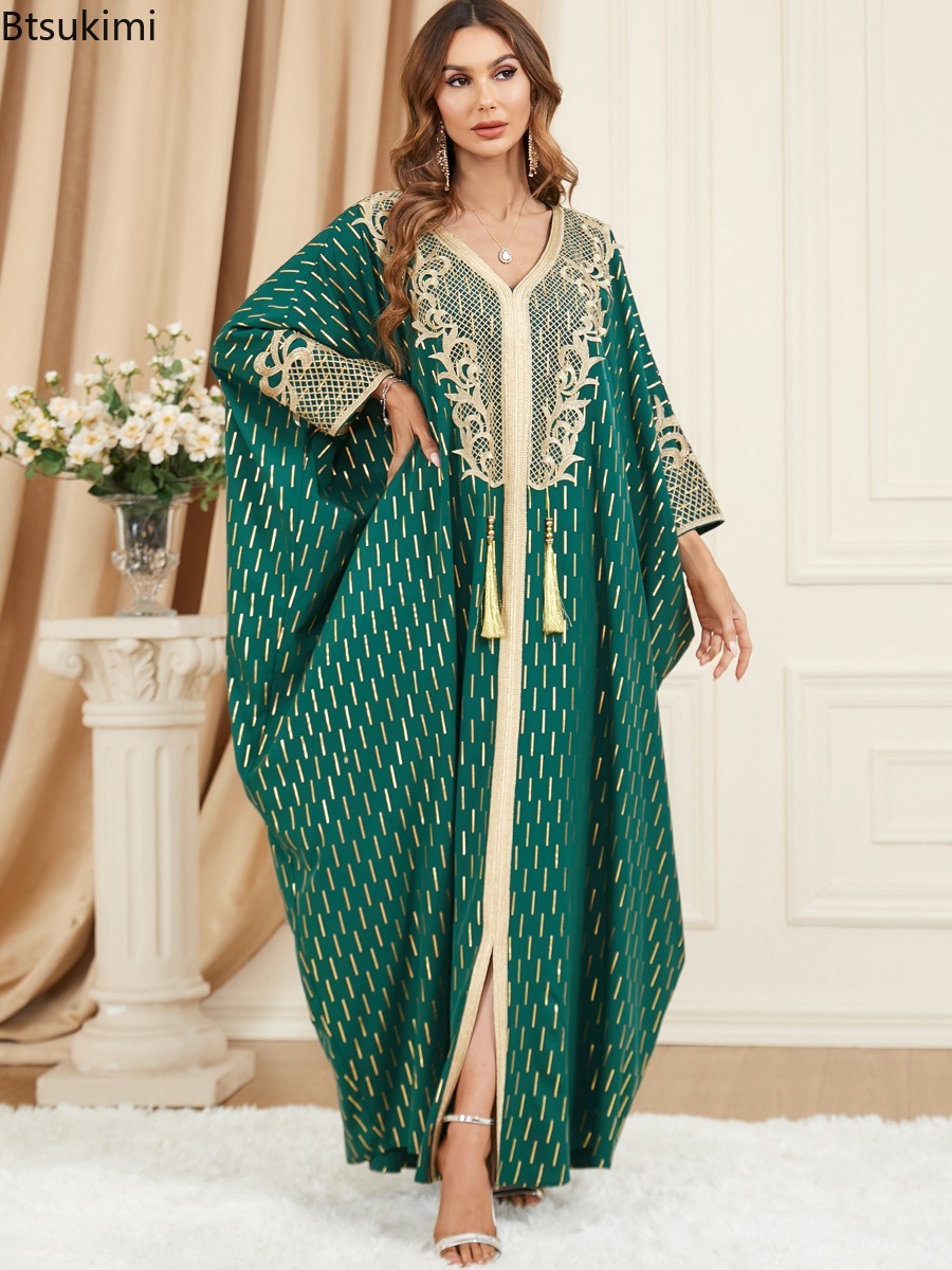 Robes Musulmanes Élégantes pour Femmes, Longue Robe Ample Style Moyen-Orient Dubaï, Abaya à Manches Chauve-Souris, Col en V, Robe de Soirée à Paillettes, Robe de Fête Femme
