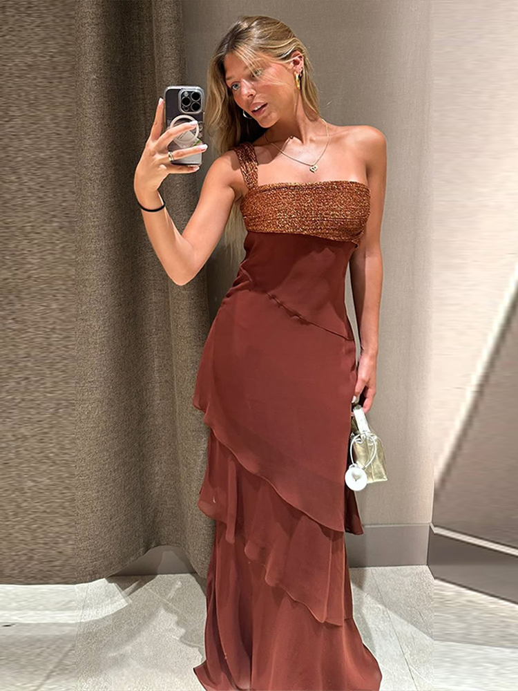 Robe longue asymétrique en mousseline unie pour femme, élégante, à taille cintrée, superposée, nouvelle collection été, pour le quotidien