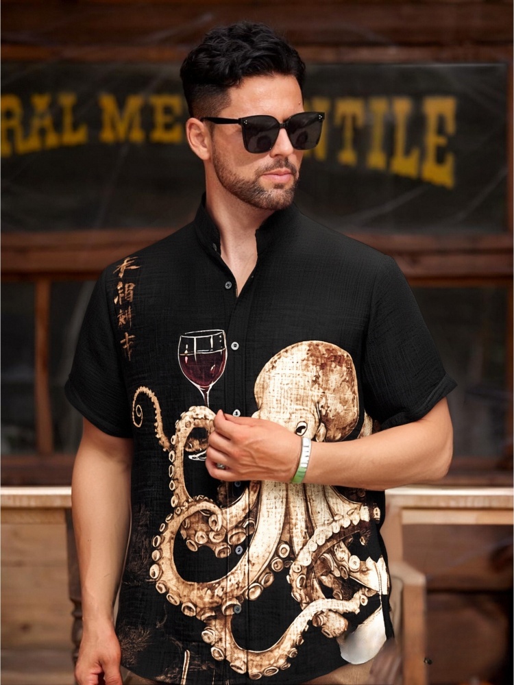 Bureau homme chemises noires hommes poulpe boire du vin rouge Art imprimé chemise décontractée Vintage fête à manches courtes 2025 boutons tunique haut