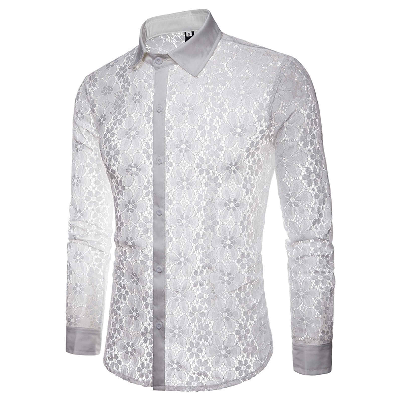 Chemise en dentelle à revers pour hommes, manches longues, creuse, simple boutonnage, légère, chemises coréennes d'été, nouvelle collection