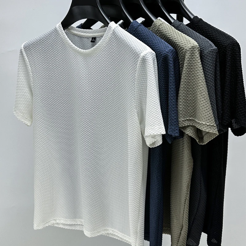 T-shirt d'été en maille de soie glacée pour homme, col rond, manches courtes, nouvelle collection 2026, demi-manches, fin, couleur unie