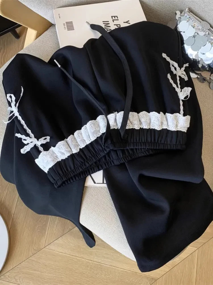 Pantalon de survêtement en dentelle grise pour femmes, taille haute, doux, mode coréenne, ample, élégant, assorti avec tout, jambes larges