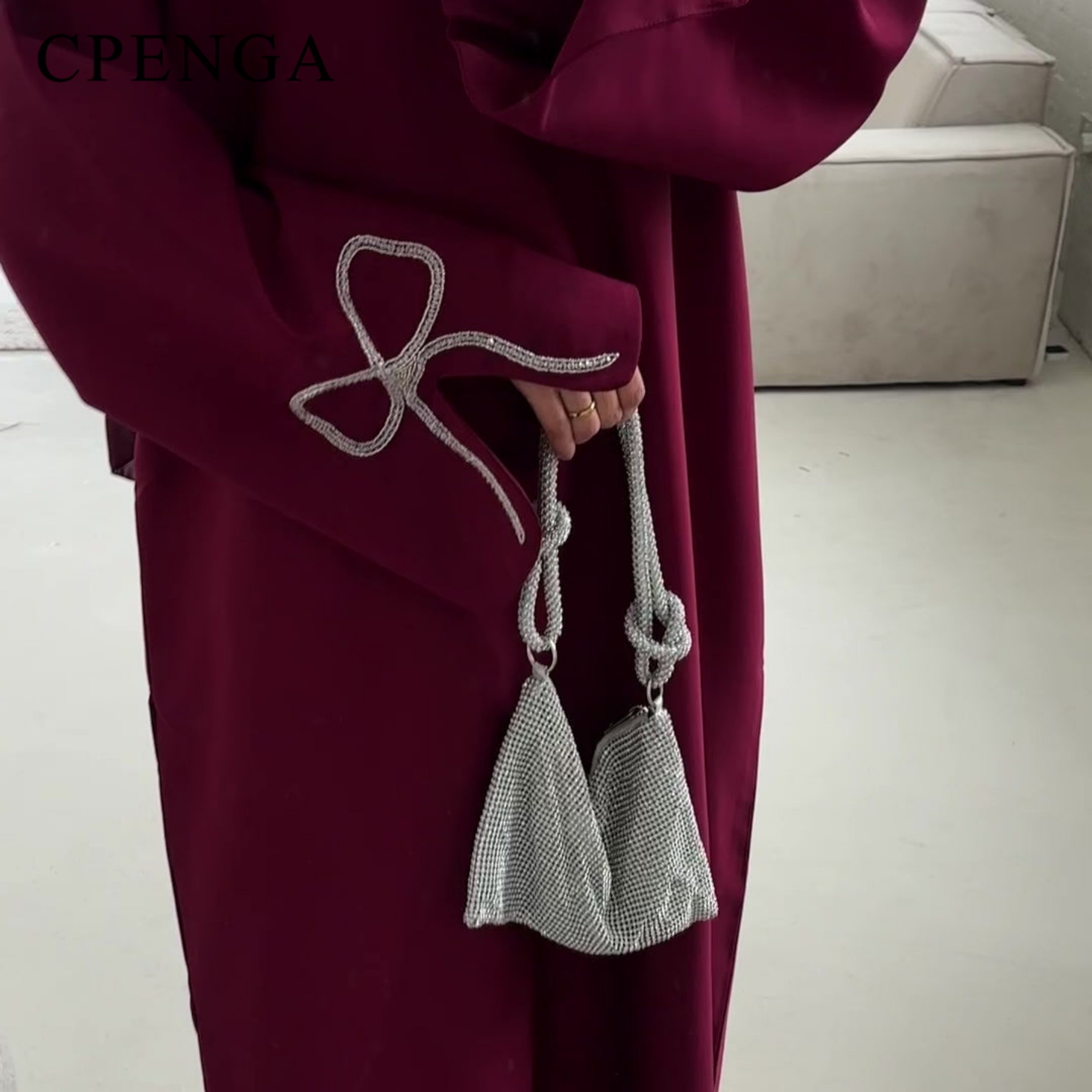 Robe Abaya de luxe cloutée pour femmes, tenue musulmane arabe Eid, modeste, islamique, ornée de cristaux, manches avec nœud, Robe turque