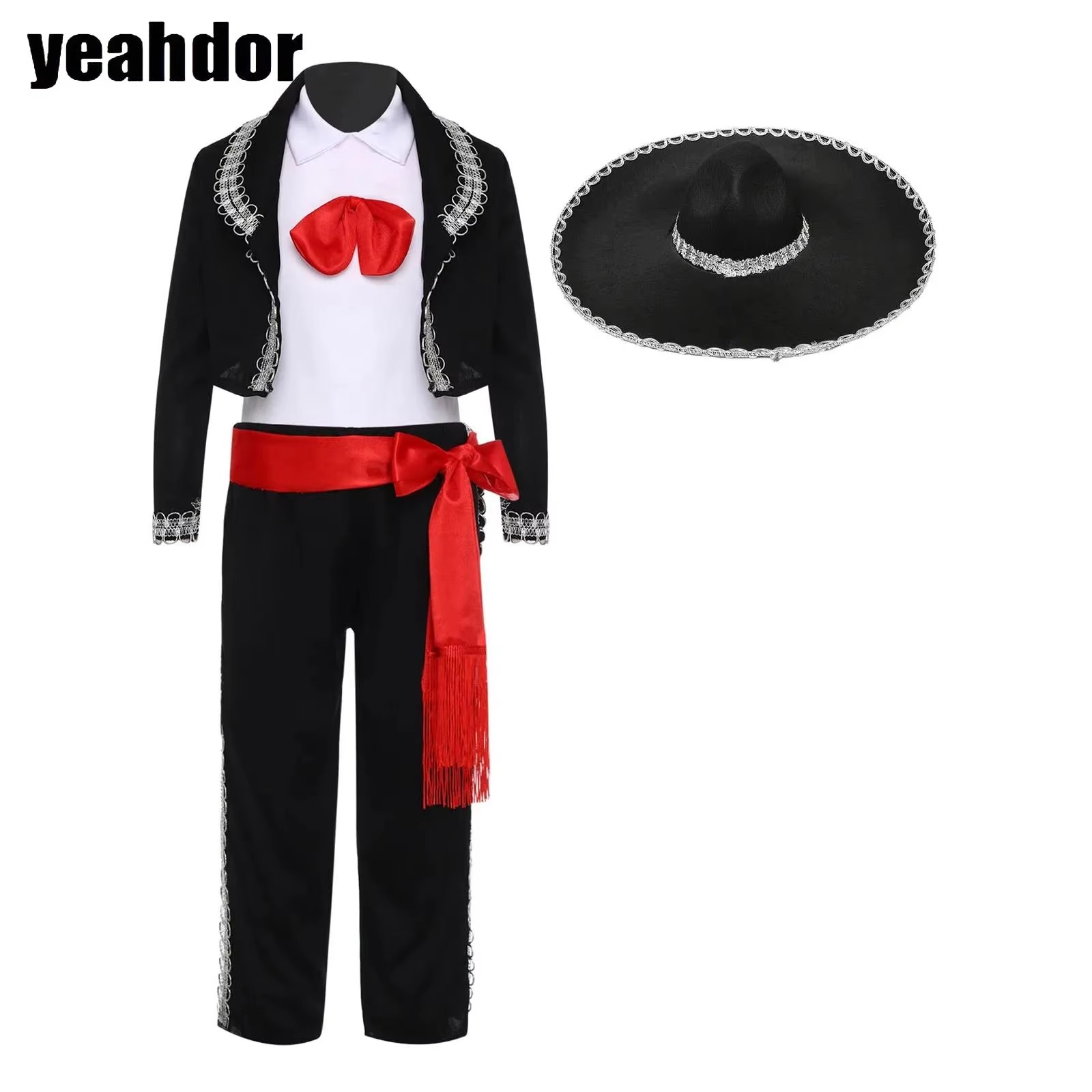 Costume traditionnel mexicain pour garçons, déguisement Mariachi pour Halloween, gilet, pantalon, veste, ceinture et chapeau, ensemble de Performance