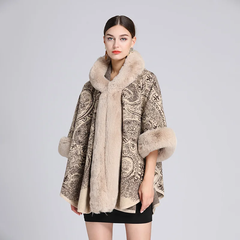 Automne hiver nouvelle Imitation loutre lapin fourrure col Jacquard à capuche châle Cape Imitation laine Ponchos café Capes femmes Cape
