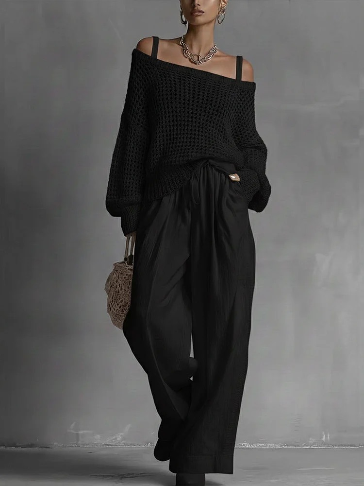 Ensemble 2 pièces mode femme : Haut en maille crochetée à bretelles spaghetti et épaules dénudées, pantalon large à taille coulissante – Tenue décontractée d'été