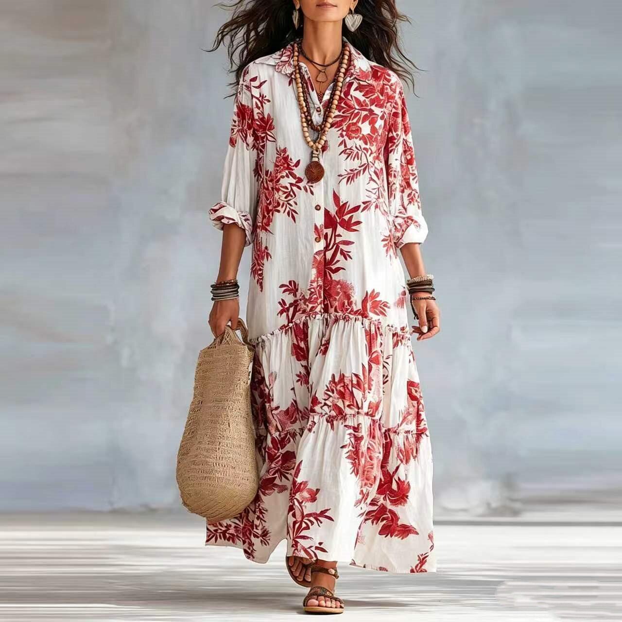Robe chemise élégante pour femme, imprimé floral, col rabattu, simple boutonnage, à volants étagés, style bohème décontracté, vêtement d'été