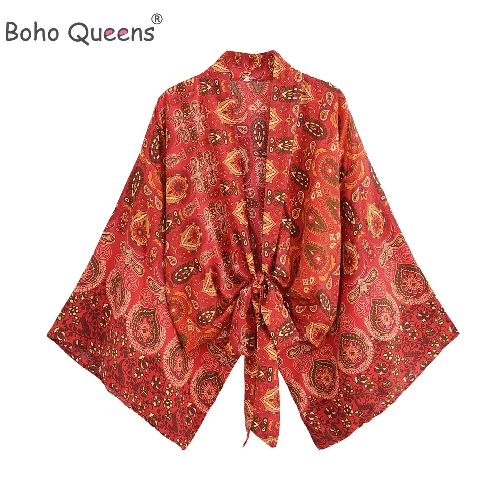 Boho Dinner ens-Robe courte pour femmes, maillots de bain kimono, rouge floral, manches chauve-souris, rayonne, bohème, bikini, couvertures, vêtements de plage, mode