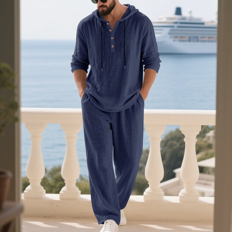 Ensemble chemise à capuche en lin et pantalon de couleur unie pour homme, style américain, printemps-automne, décontracté, confortable et respirant