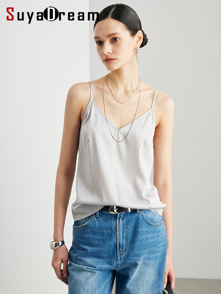 SuyaDream. Camisoles en soie pour femmes, 90% soie véritable, col en V, sans manches, t-shirt chic, camisoles unies, gilets printemps-été 2026, champagne