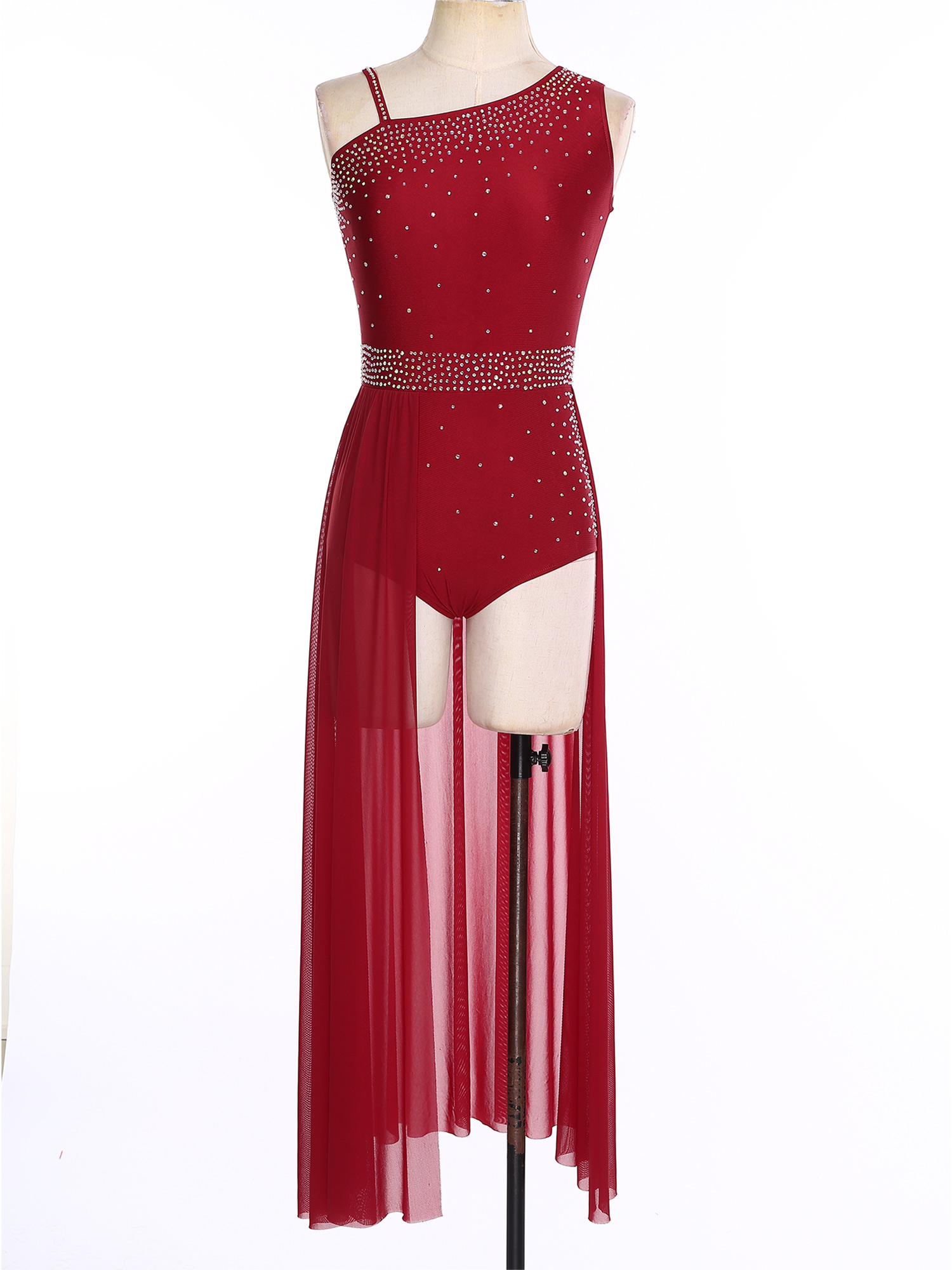 Costume de danse moderne contemporaine lyrique pour femmes, strass scintillants, épaule asymétrique fendue, maille transparente épissée, vêtements de danse
