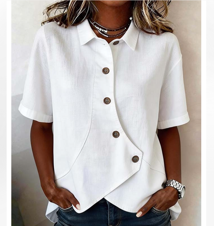 Chemisier décontracté uni et asymétrique pour femme, élégant et tendance, à manches courtes boutonnées, idéal pour les vacances et les soirées.