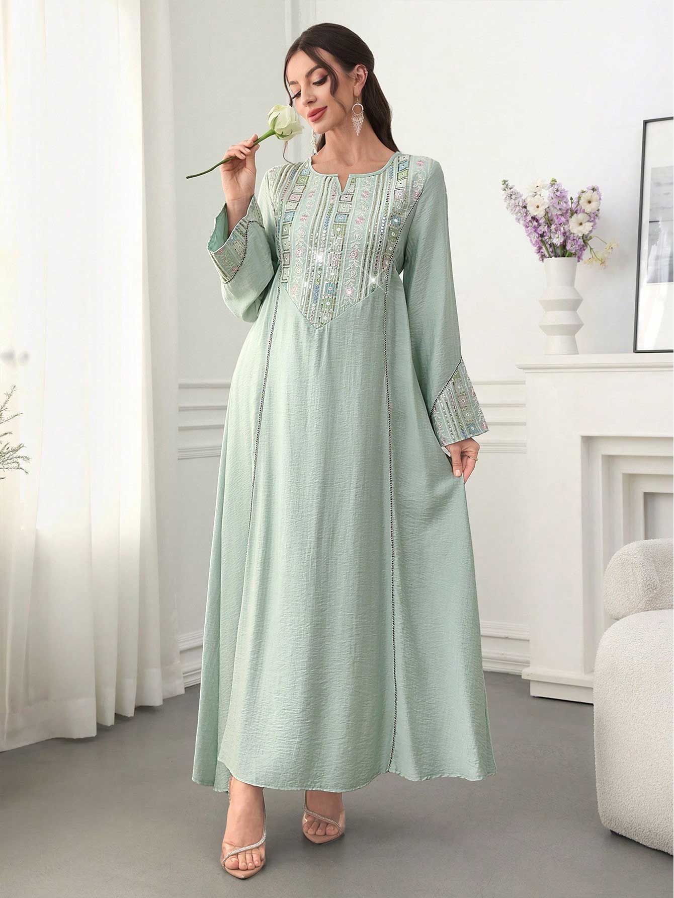 Abaya vert clair de Style dubaï, broderie scintillante complexe sur le cou et les manches, idéale pour les femmes de Galas culturelles arabes, nouvelle collection 2025