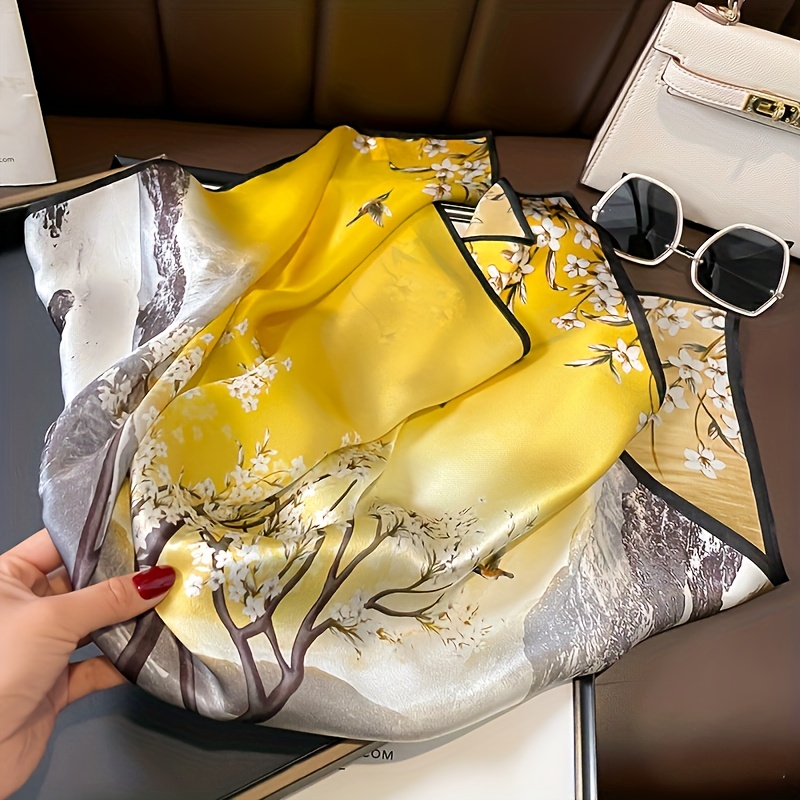 Écharpe carrée à imprimé Floral jaune de 27,56 pouces, avec bordure noire, accessoire élégant pour femmes, accessoire de mode, écharpe de cou