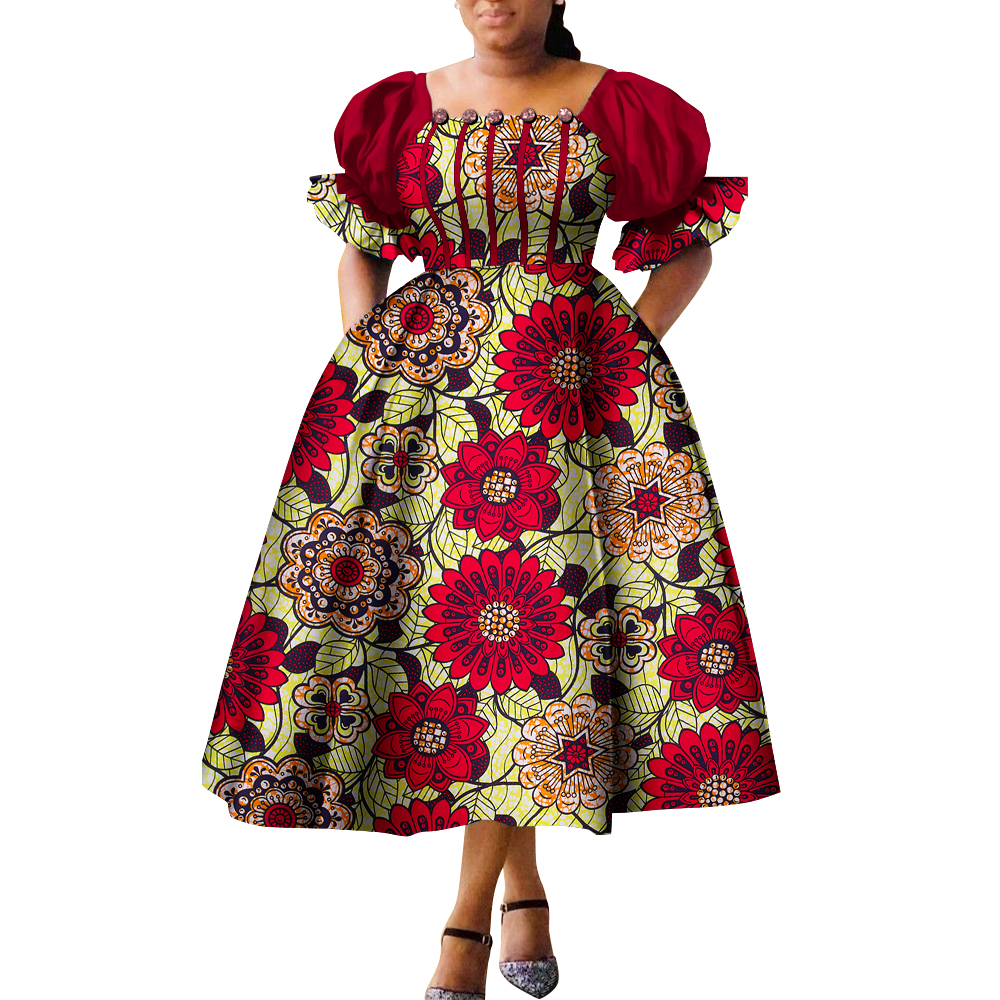 Robes de style africain pour femmes, robe de princesse Ankara, manches bouffantes, taille haute, vide, WY9970