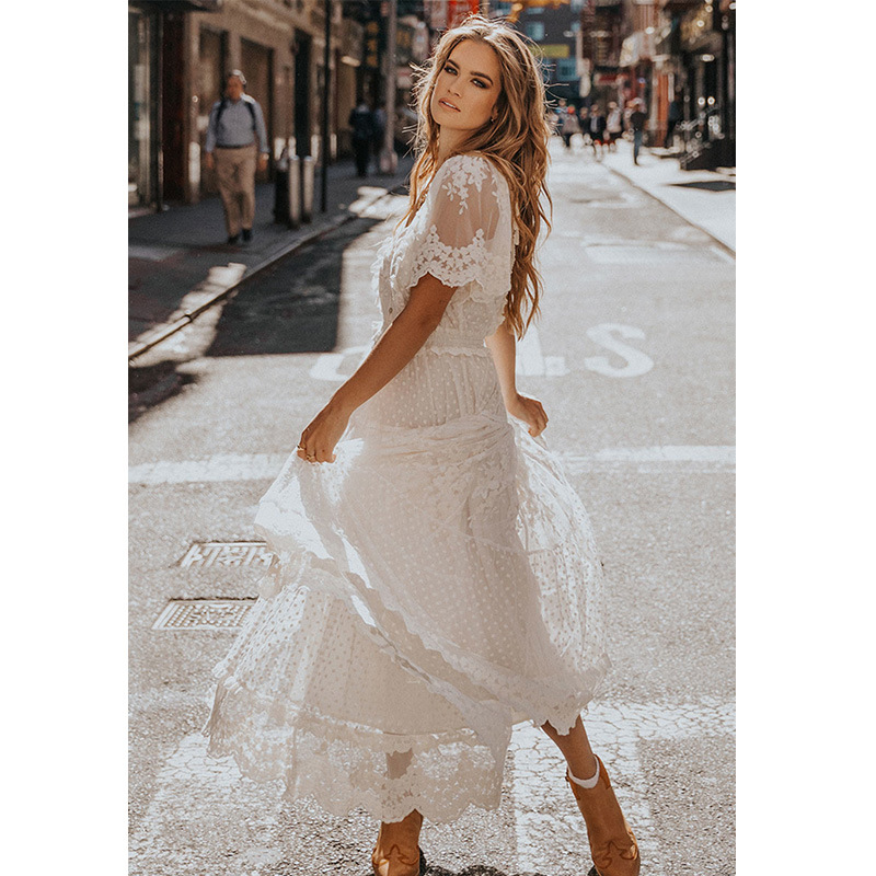 Robe femme blanc évider coton robe d'été dentelle sans manches longue épissage été fête élégante soirée femme jupe vêtements