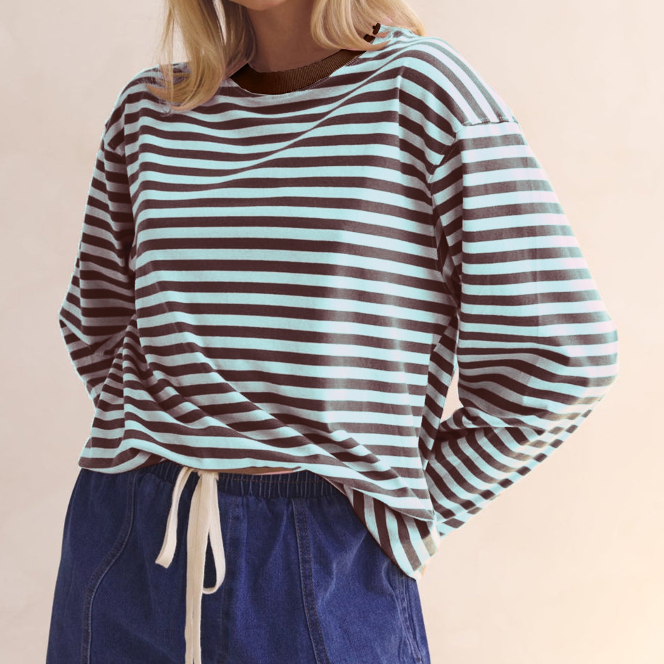 T-shirt décontracté à manches longues pour femmes, haut rayé rose et marron, hauts de sortie élégants, légers et confortables pour l'automne