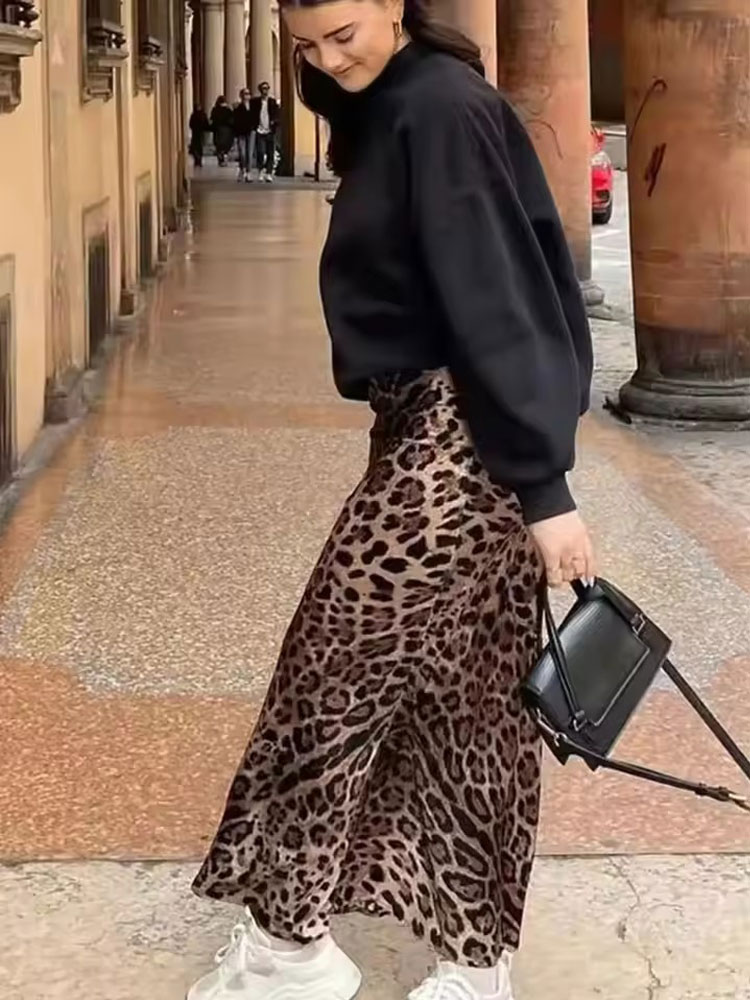 Jupe longue à imprimé léopard pour femmes HH, mode estivale, jupes imprimées en satin vintage, mode vintage, streetwear décontracté, jupes midi