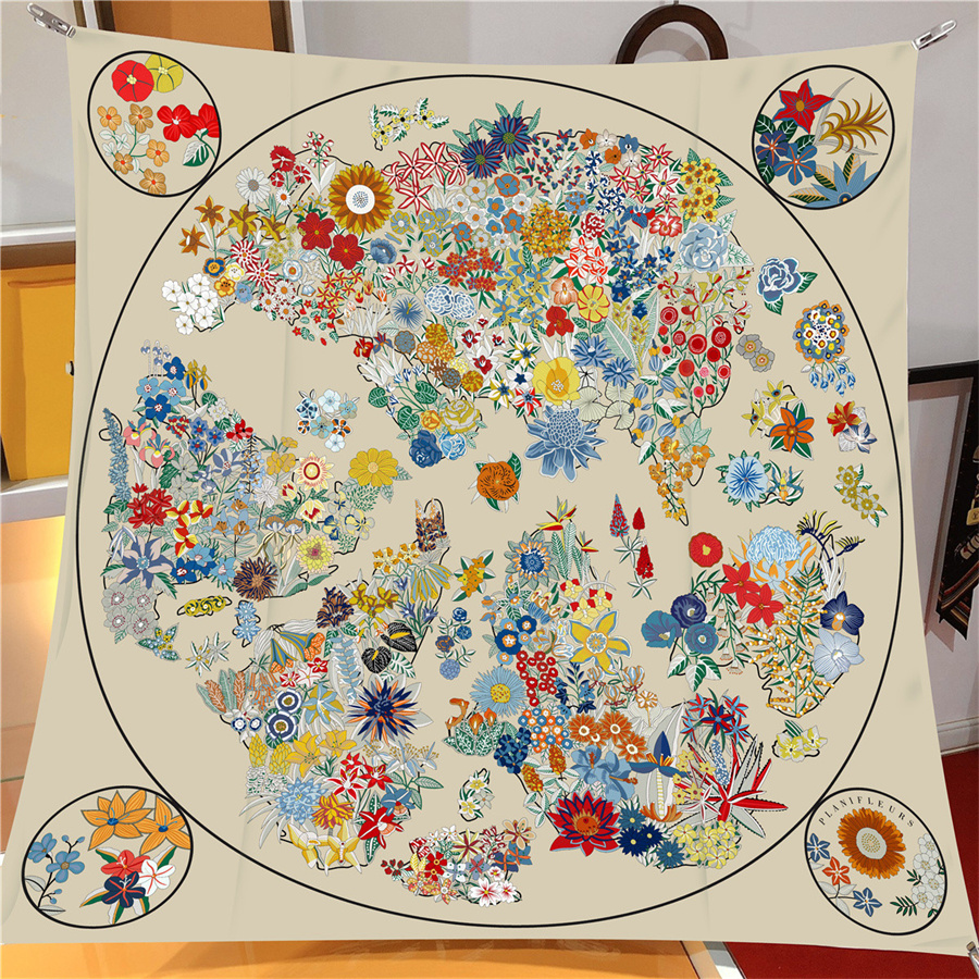 Foulard en soie sergé châle marque de luxe fleurs plantes imprimer Foulard carré femmes Hijabs Bandana Foulard foulard foulards de tête 90 cm