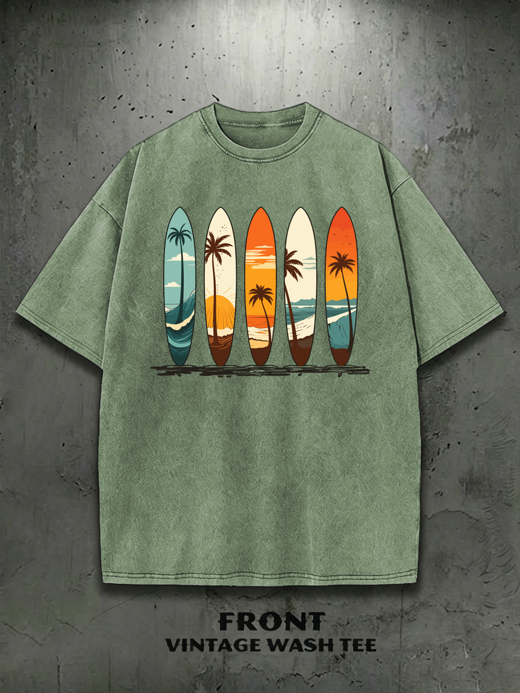 T-shirt décontracté respirant en coton pour homme, motif plage, cocotier et planche de surf, style hip-hop, lavé, toutes saisons, idéal pour l'été