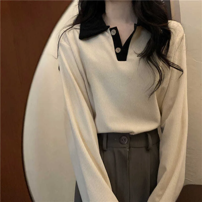T-shirts décontractés pour femmes, mode coréenne, Style Preppy doux, hauts féminins, manches longues, col rabattu, pulls de base, automne