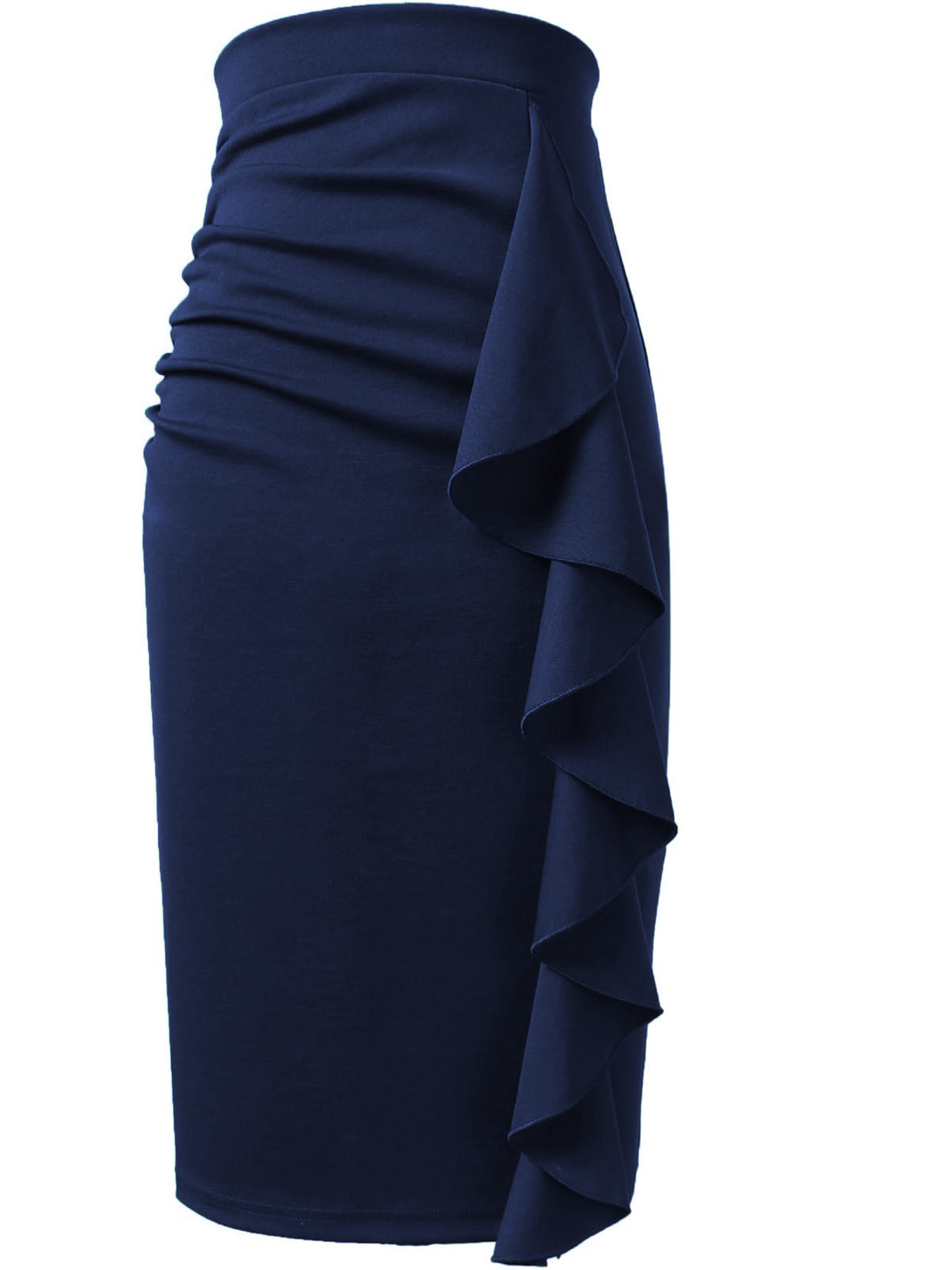 Jupe décontractée taille haute pour femme, style ajusté, longueur genou, avec volants et fente latérale, idéale pour le travail