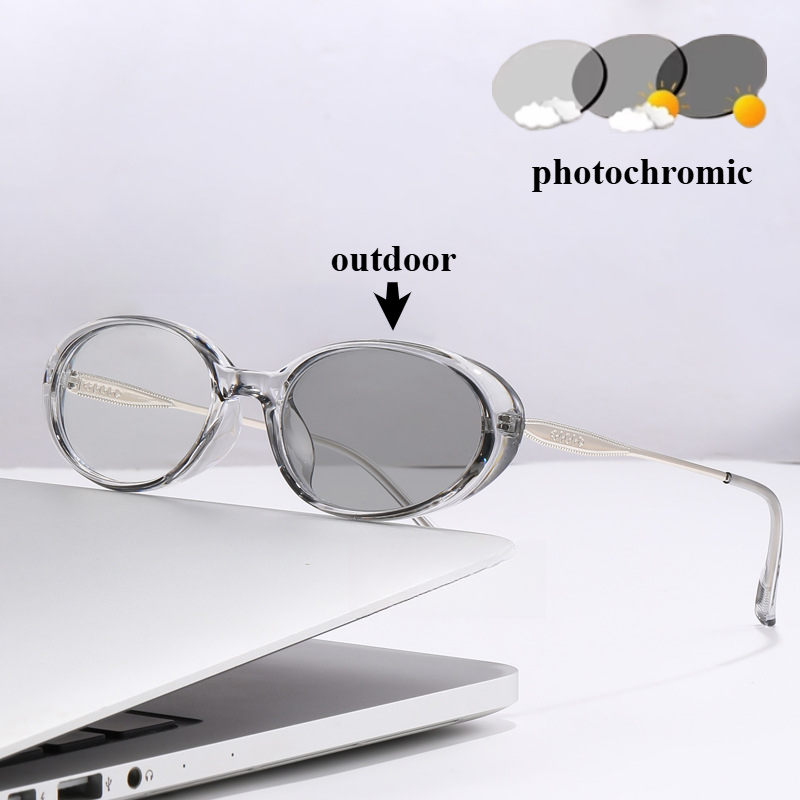 Lunettes de myopie à monture ovale pour hommes et femmes, photochromiques, pour voyage en plein air, jante épaisse, petite monture, Anti-lumière bleue