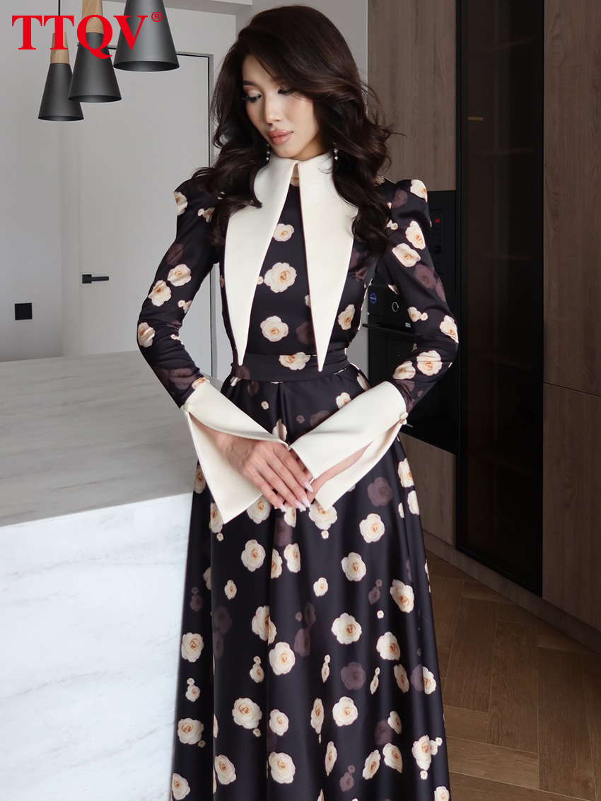Robe Femme TTQV Tendance Imprimée Coupe Slim 2026 Automne Col Revers Manches Longues Longueur Cheville Élégante Classique Taille Haute